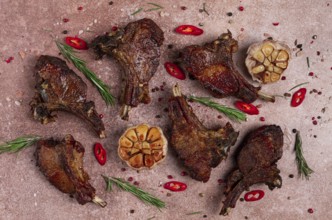 Fried veal ribs, with spices, baked in the oven, homemade, no people