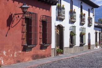 Guatemala, colorful colonial Antigua streets in historic city center Barrio Historico, Central