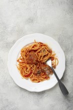 Spaghetti with meatballs in tomato sauce, on a white plate, no people, homemade