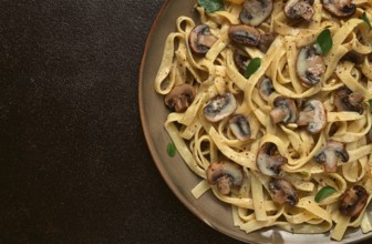 Fettuccine with champignons, basil, in cream sauce, homemade, no people