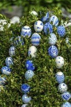 Hand-painted Easter eggs in Bavarian colours white and blue, Easter fountain, Ludwigsbrunnen,