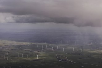 Aerial view of wind turbines, taken near Wischhafen, 25/03/2024