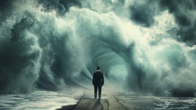 Disheartened businessman standing on the shore in the midst of approaching turbulent crashing waves