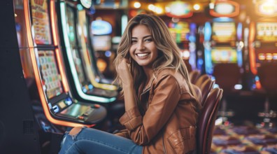 Attractive lady in casino betting her money in casino machines hoping for a win, AI generated