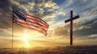 A cross is in the foreground of a sunset with an American flag in the background, AI generated