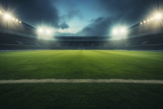 A soccer field with a large crowd of people spectators fans watching the game in evening view from