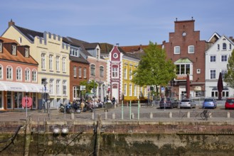 Restaurants and Oats at the harbour in Husum, Nordfriesland district, Schleswig-Holstein, Germany,