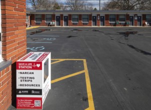 Ferndale, Michigan, 'Save a Life Stations' in public places, such as this motel, throughout Oakland