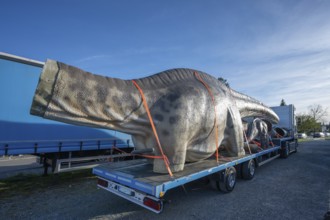 Large dinosaur figure loaded in parts on a heavy goods vehicle, Lauf an der Pegnitz, Middle