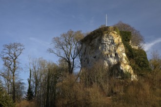 The steep limestone cliff on which Canstein Castle stands, Marsberg, Sauerland, North