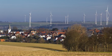 Sintfeld wind farm behind the village of Fürstenberg, Bad Wünnenberg, Paderborn plateau, North