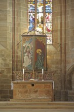 Altar with painting and stained glass window with crucifix Stained glass, arts and crafts,