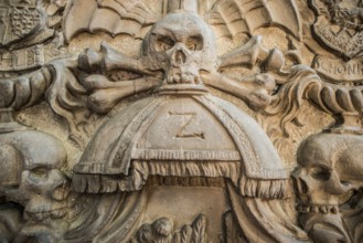 Coffin with skulls, St Mary's Chapel, Würzburg, Lower Franconia, Franconia, Bavaria, Germany,