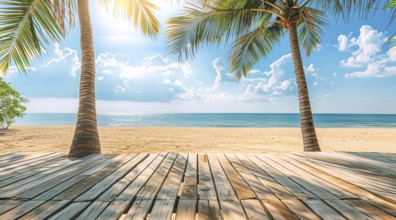 A beautiful beach with a palm tree in the foreground. Concept of relaxation, vacation and cruise,