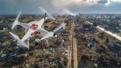 Quadcopter UAV search and rescue SAR drone flying A search above A tornado path of destruction, AI