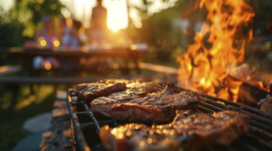 Barbecue BBQ family picnic party on the beach with skewers of meat and meat steaks over charcoal,