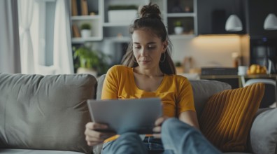 A woman at home with a laptop or tablet browsing internet, paying bills and shopping online, AI