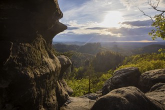 View of the Schrammstein chain, the Falkenstein and the Lilienstein from the Carolafelsen, Bad