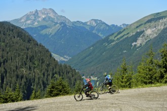 Two mountain bikers on a descent in the Chablais Geopark, Montriond, Chablais, France, Europe