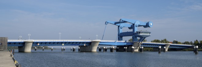 Bascule bridge on the Peenestrom, Waagebalken bascule bridge, Wolgast, Usedom Island,