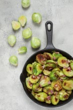 Roasted brussels sprouts, with bacon, vegetarian food, homemade, no people