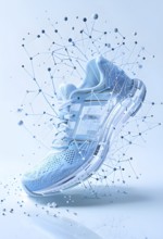 Running shoe, breaking into pixels and data points, morphing into a network of neural nodes, AI