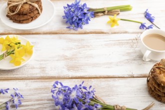 Frame composition with oatmeal cookies, spring snowdrop flowers bluebells, narcissus and cup of