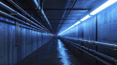 Underground corridor featuring drainage and metal pipelines designed for water and gas transport,