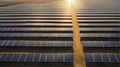 Top down aerial view of a photovoltaic plant arranged in symmetric rows, AI generated