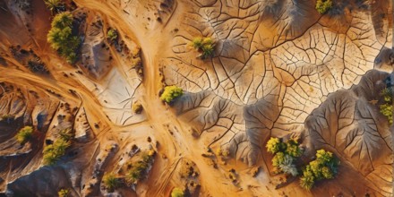 Aerial view capturing the abstract geometric patterns of a dry desert landscape, AI generated