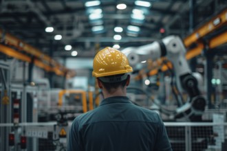 Back view of worker with safety helmet in factory. KI generiert, generiert, AI generated