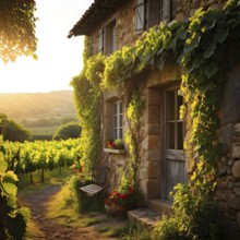 AI generated rustic vineyard cottage nestled amidst lush summer colored vine leaves