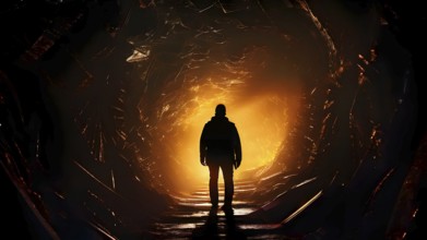 Silhouette of a man at a tunnels entrance with a stark contrast, AI generated