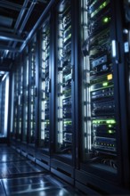 Modern server room filled with racks of computers and intricate installations, AI generated