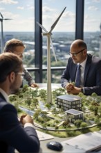 Business professionals engaged with a scale model of a wind turbine adjacent to miniature houses,