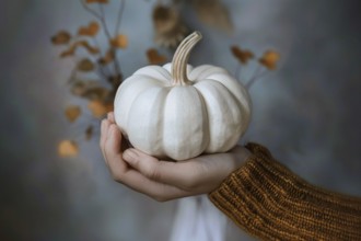 Hand holding white pumpkin, AI generated