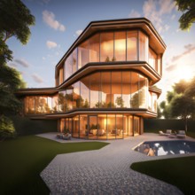 Modern residential house inspired by honeycomb hexagonal patterns, AI generated