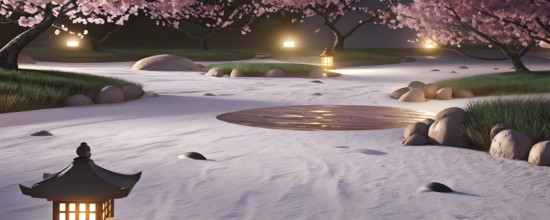 Zen garden bathed in the soft glow of dawn as a serene symbol for relaxation, AI generated