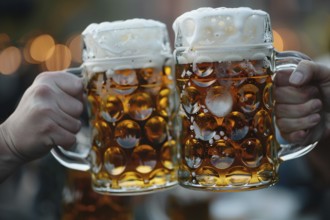 Close up of two large beer mugs clinking. Generative Ai, AI generated