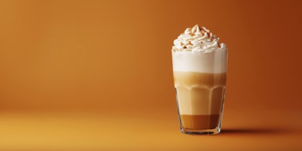 Banner with seasonal pumpkin spice latte on orange background with copy space. Generative Ai, AI