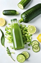 Minimalist lay flat composition of a bottle of vibrant green detox juice surrounded by green fruit