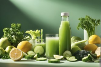 Bottle of vibrant green detox juice surrounded by green fruit and vegetables, AI generated