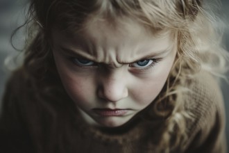 Close up of angry face of female child. Generative Ai, AI generated