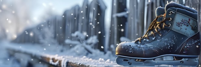 Pair of vintage ice skates hanging by their laces on an old wooden fence with frost and snow gently