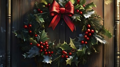 Classic holiday wreath with frosted holly leaves hanging on a rustic wooden door, AI generated