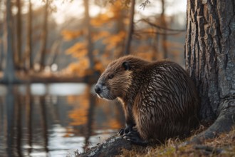 Beaver sitting at lake. Generative ai, AI generated