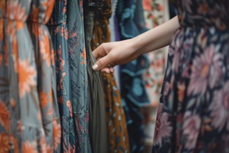 Hand browsing through rack full of colorfull floral summer dresses in clothing shop. Generative Ai,