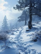 Footprints in fresh snow on a hill with a row of trees in winter light, AI generated