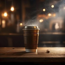 Coffee cup on a wooden table in a warmly lit cafe in blurred background, AI generated