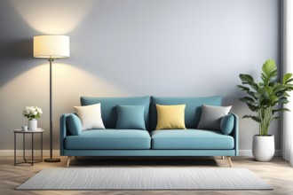 3d rendering of a couch with cushions and a floor lamp, AI generated